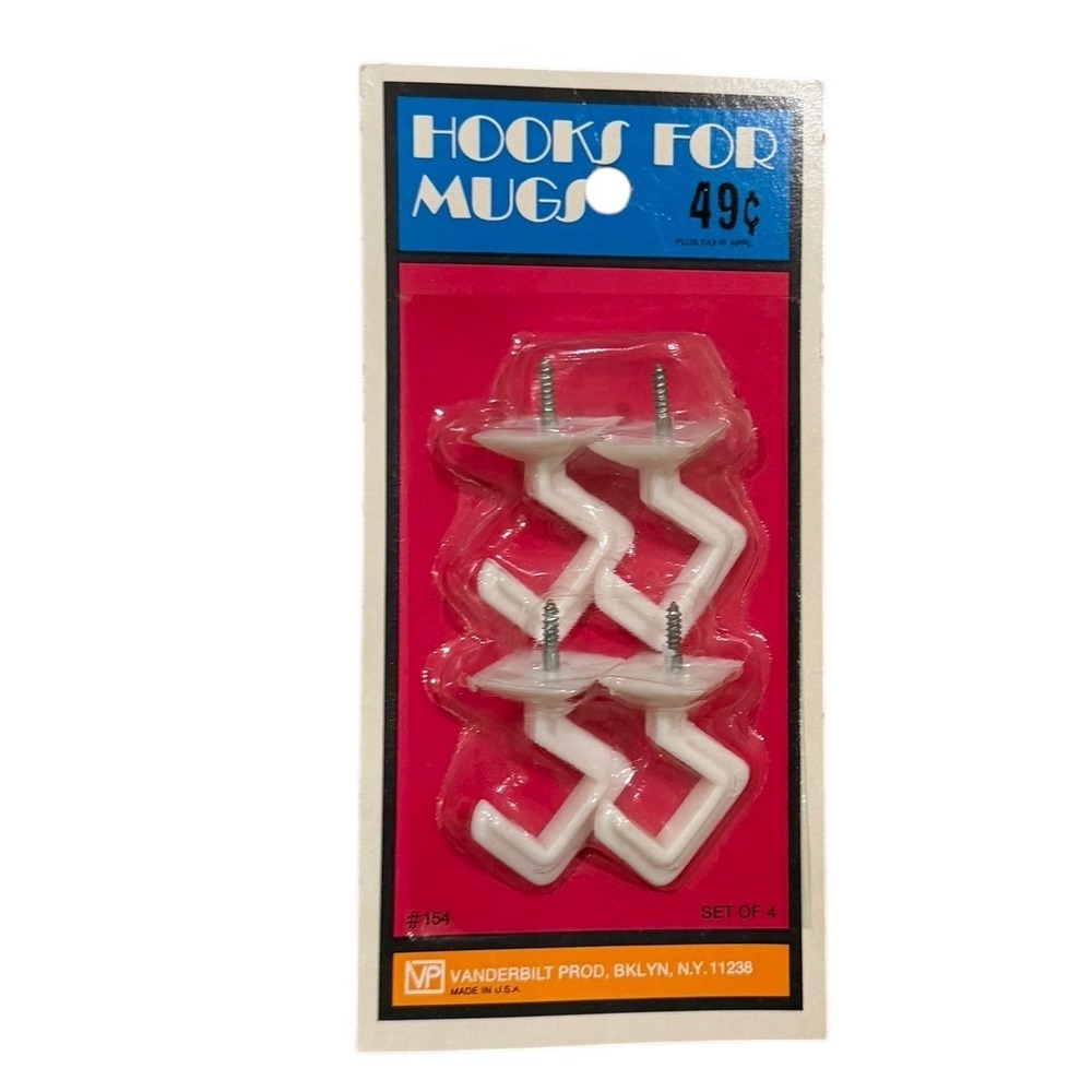Vtg New Hooks USA Mugs Set of 4 White Plastic Ceiling Shelf Cabinet Hangers 70s